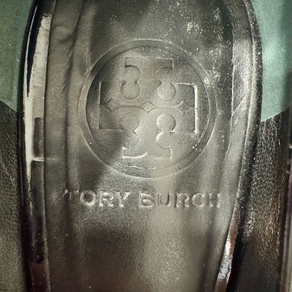 Tory Burch Amy Classic Black Patent Leather Block Heels with Gold‎ Accent Size 7